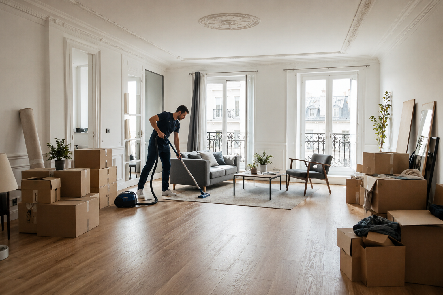 Aspirateur passé dans un salon en cours de remise en état après déménagement